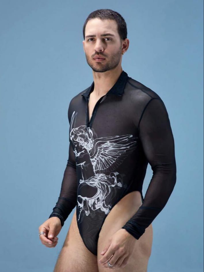 BONGA BOYS Men's Angel Print Sheer Sexy Long Sleeve Bodysuit
